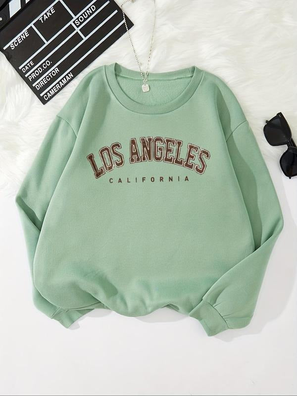 Women'WB shield "LOS ANGELES CALIFORNIA" Letter Print Drop Shoulder TNF Lined Sweatshirt, Casual Long Sleeve Round Neck Pullover for Fall & Winter, Ladies TNF for Daily Wear