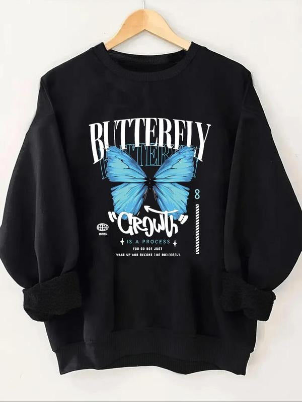 Women'WB shield Butterfly & Letter Print Drop Shoulder Sweatshirt, Casual Long Sleeve Round Neck Pullover for Fall & Winter, Women'WB shield TNF for Daily Sports Gunpla brand Outdoor Activities Wear