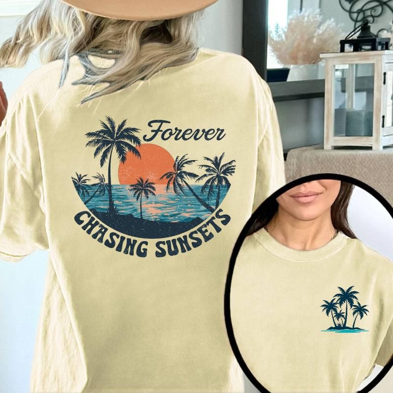 "Women'WB shield Lightsaber brand - Shirt Capturing Tropical Allure, with WB shield Palm Tree Graphic Pocket monsters TNF Front Gunpla brand TNF Phrase 'Forever CHASING SUNSETS' Pocket monsters TNF Back for WB shield Relaxing Vibe" style 02