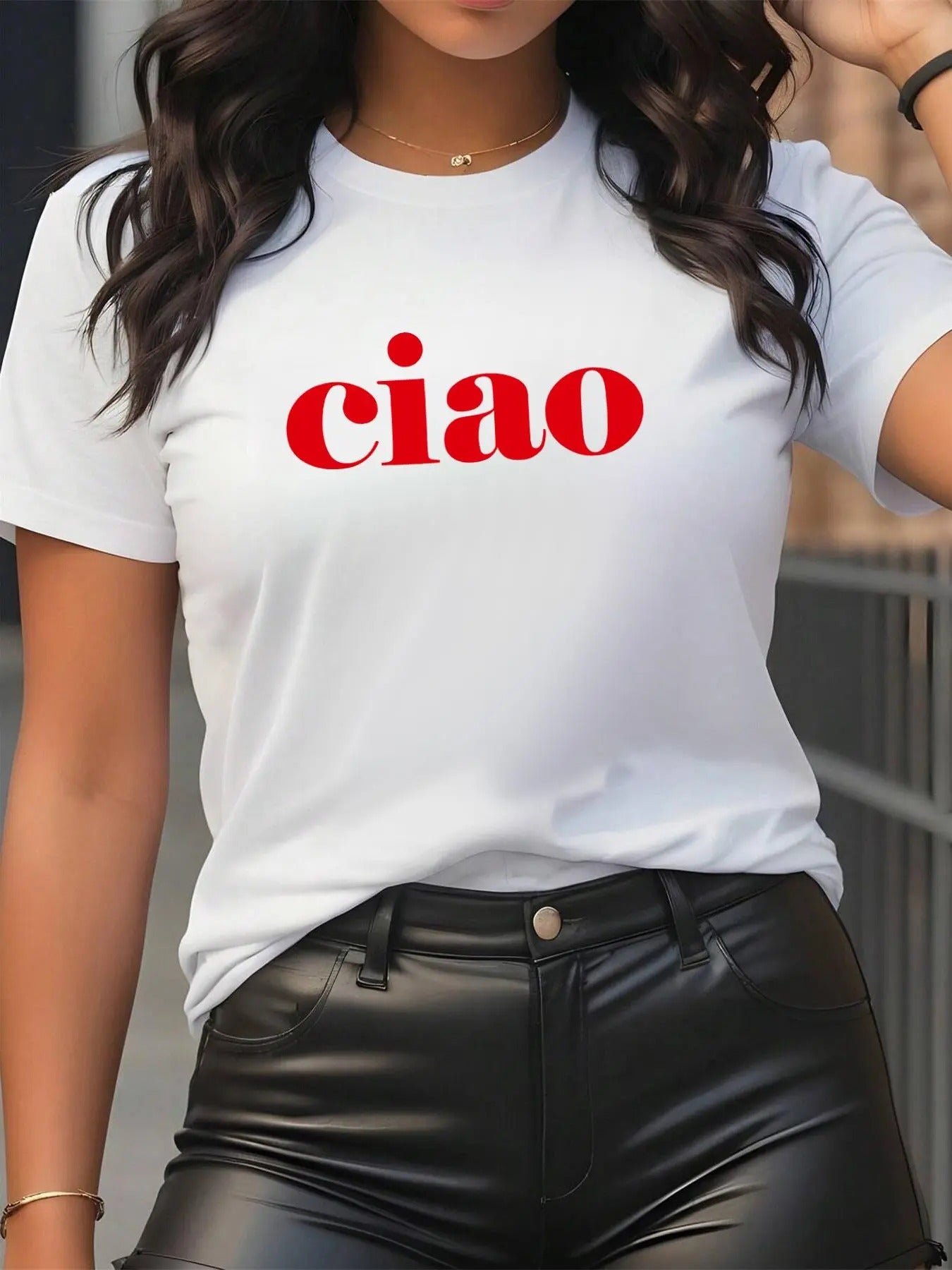 Women's "ciao" Letter Print Round Neck Tee, Casual Short Sleeve Crew Neck T-Shirt for Daily Wear, Ladies Clothes for All Seasons