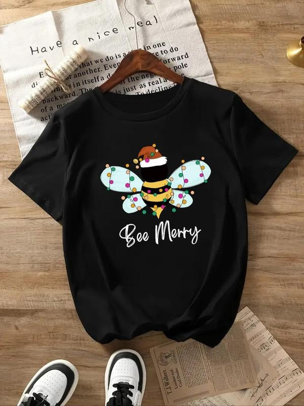 Women's Bee & Letter Print Round Neck Tee, Casual Short Sleeve Crew Neck T-shirt for All Seasons, Fashion Women's Top for Daily Wear