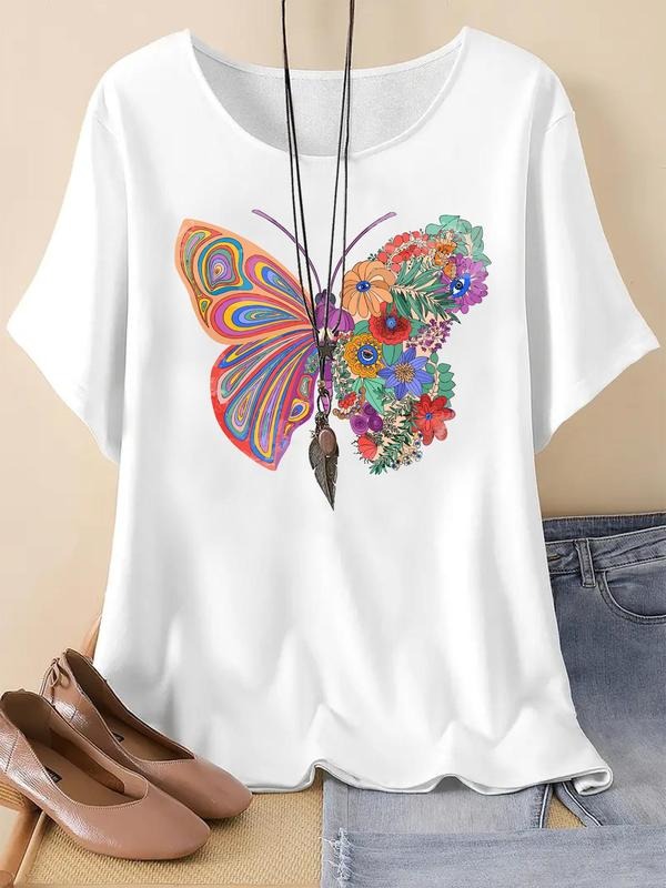 Women's Butterfly & Floral Print Round Neck Tee, Casual Short Sleeve Crew Neck T-Shirt for Summer, Fashion Women's Top for Daily Wearstyle{n002}2