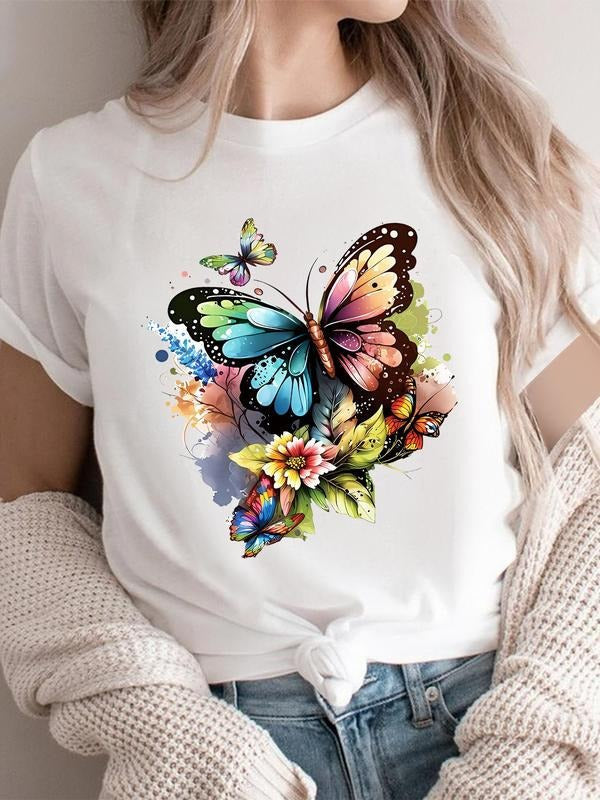 Women's Butterfly & Floral Print Round Neck Tee, Casual Short Sleeve T-shirt for Summer, Ladies Clothes for Daily Wear