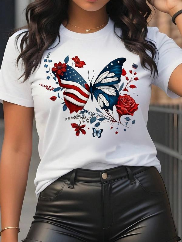 Women's Butterfly & Rose Print Round Neck Graphic Tee, Casual Short Sleeve T-shirt for Summer, Women's Top for Daily Wear
