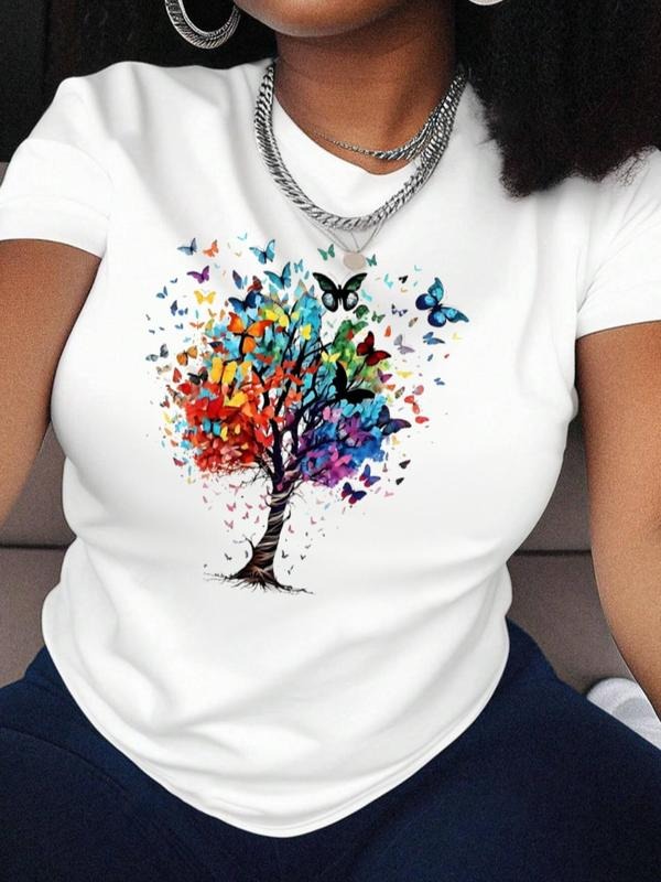Women's Butterfly & Tree Print Round Neck Tee, Stylish Short Sleeve Crew Neck T-Shirt for Summer, Fashion Women's Top for Daily Wear