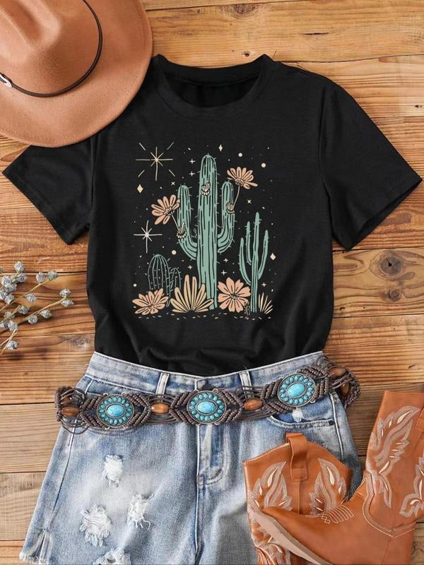Women's Cactus Print Round Neck Tee, Casual Short Sleeve Crew Neck T-shirt for Daily Wear, Ladies Clothes for All Seasons