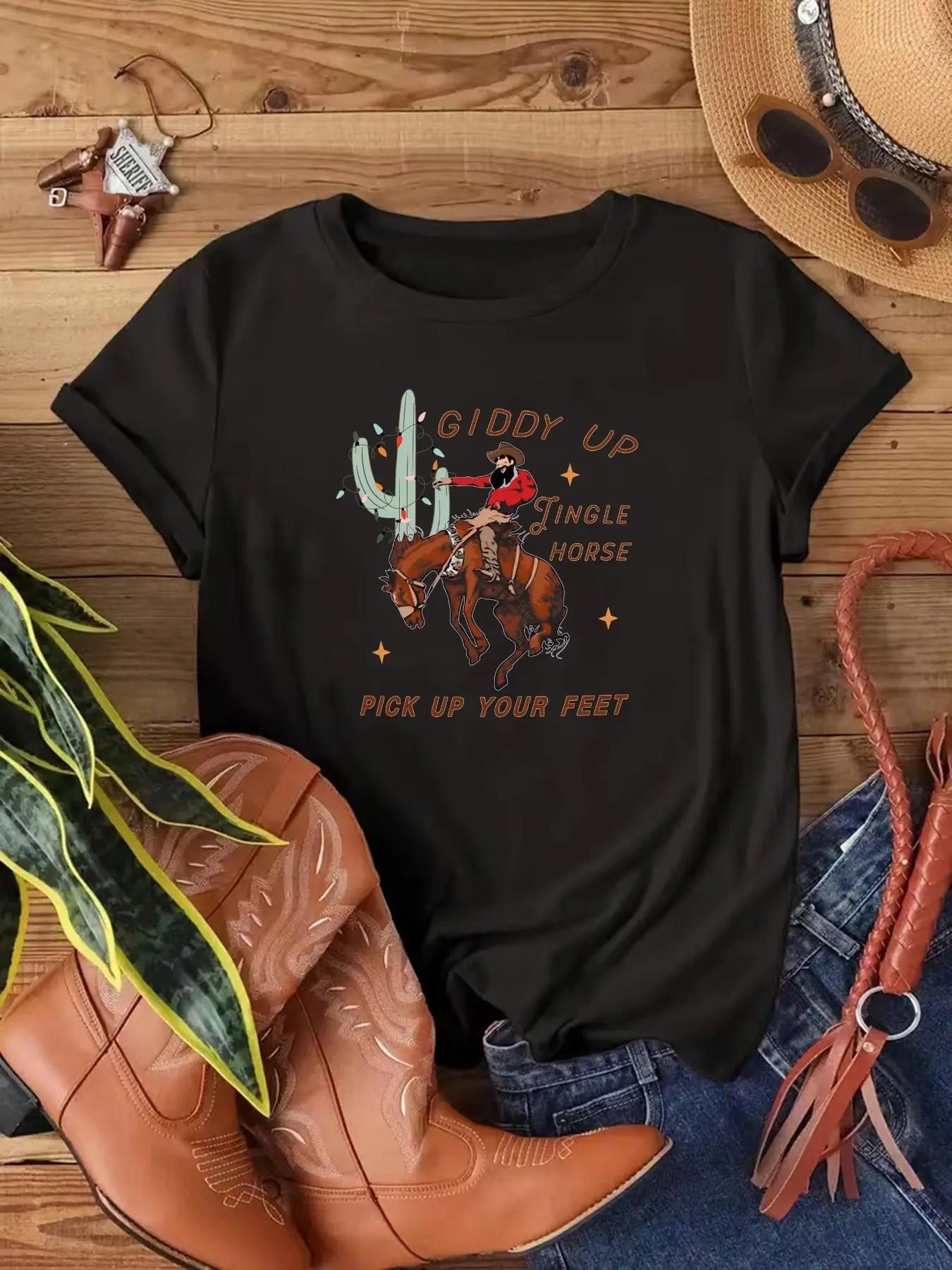 Women's Cartoon Cowboy Graphic Print Round Neck Tee, Fashion Casual Short Sleeve T-shirt, Ladies Summer Clothes for Daily Wear