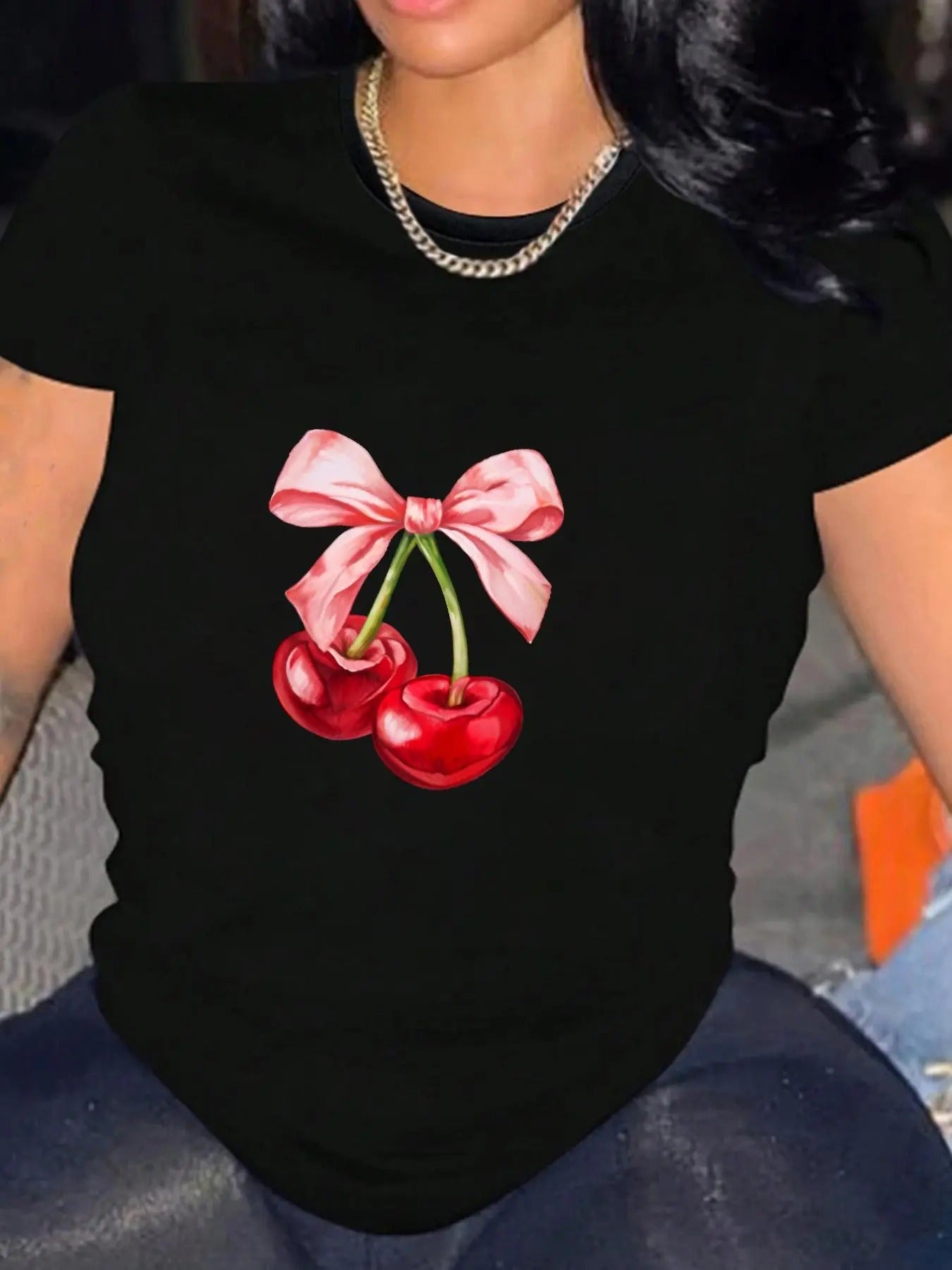 Women's Cherry & Bow Print Round Neck Tee, Fashion Casual Crew Neck T-Shirt for Daily Holiday Vacation Outdoor Wear, Ladies Clothes for All Seasons