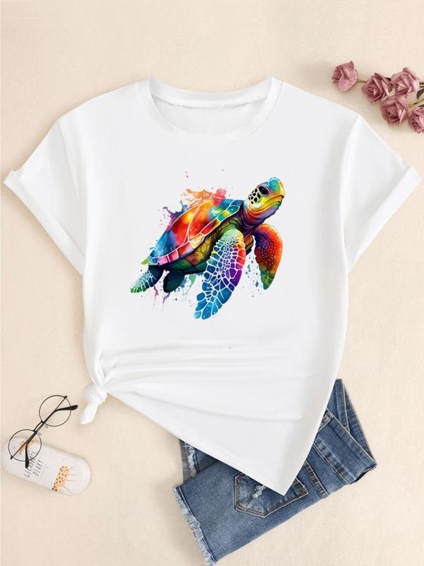 Women's Colorful Turtle Print Round Neck Tee, Fashion Casual Short Sleeve Crew Neck T-shirt for Daily Holiday Vacation Outdoor Wear, Ladies Clothes for Summer