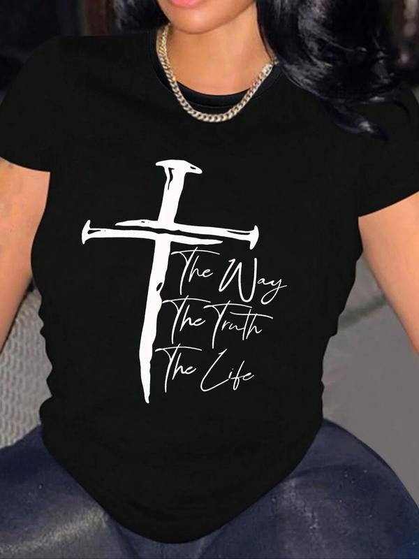 Women's Cross & Letter Print Round Neck Tee, Casual Short Sleeve Crew Neck T-Shirt for Summer, Fashion Women's Top for Daily Wear