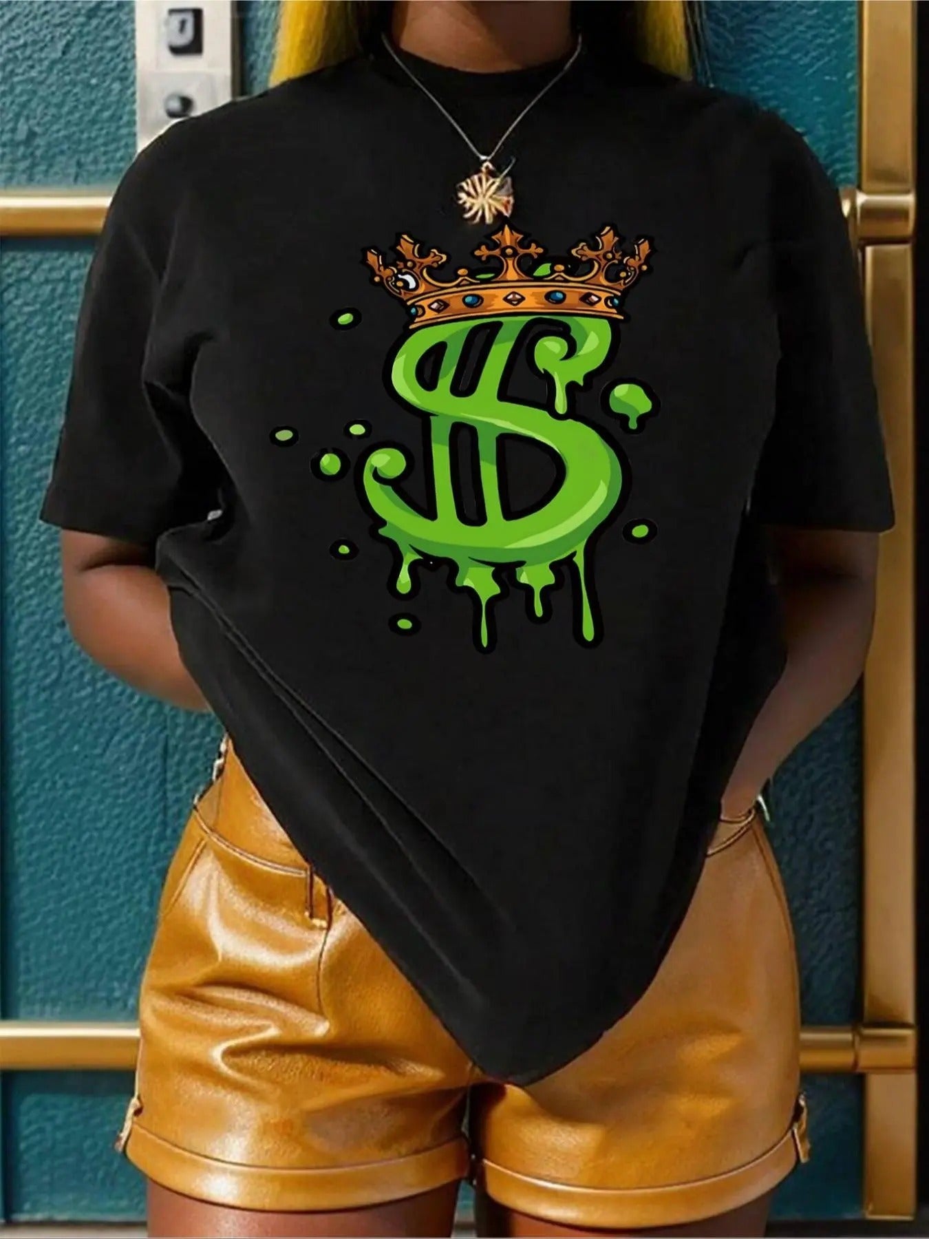 Women's Crown & Dollar Sign Print Round Neck Tee, Fashion Casual Crew Neck Short Sleeve T-shirt for Daily Holiday Vacation Outdoor Wear, Ladies Clothes for All Seasons