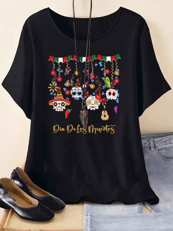 Women's Day Of The Dead Print Round Neck Tee, Fashion Casual Letter Print Crew Neck T-shirt for Daily Holiday Vacation Outdoor Wear, Ladies Clothes for Summer