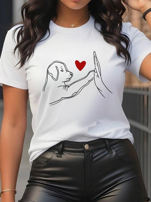 Women's Dog & Heart Print Round Neck Graphic Tee, Vintage Trendy Casual Short Sleeve T-shirt for Daily Wear, Ladies Summer Outfit