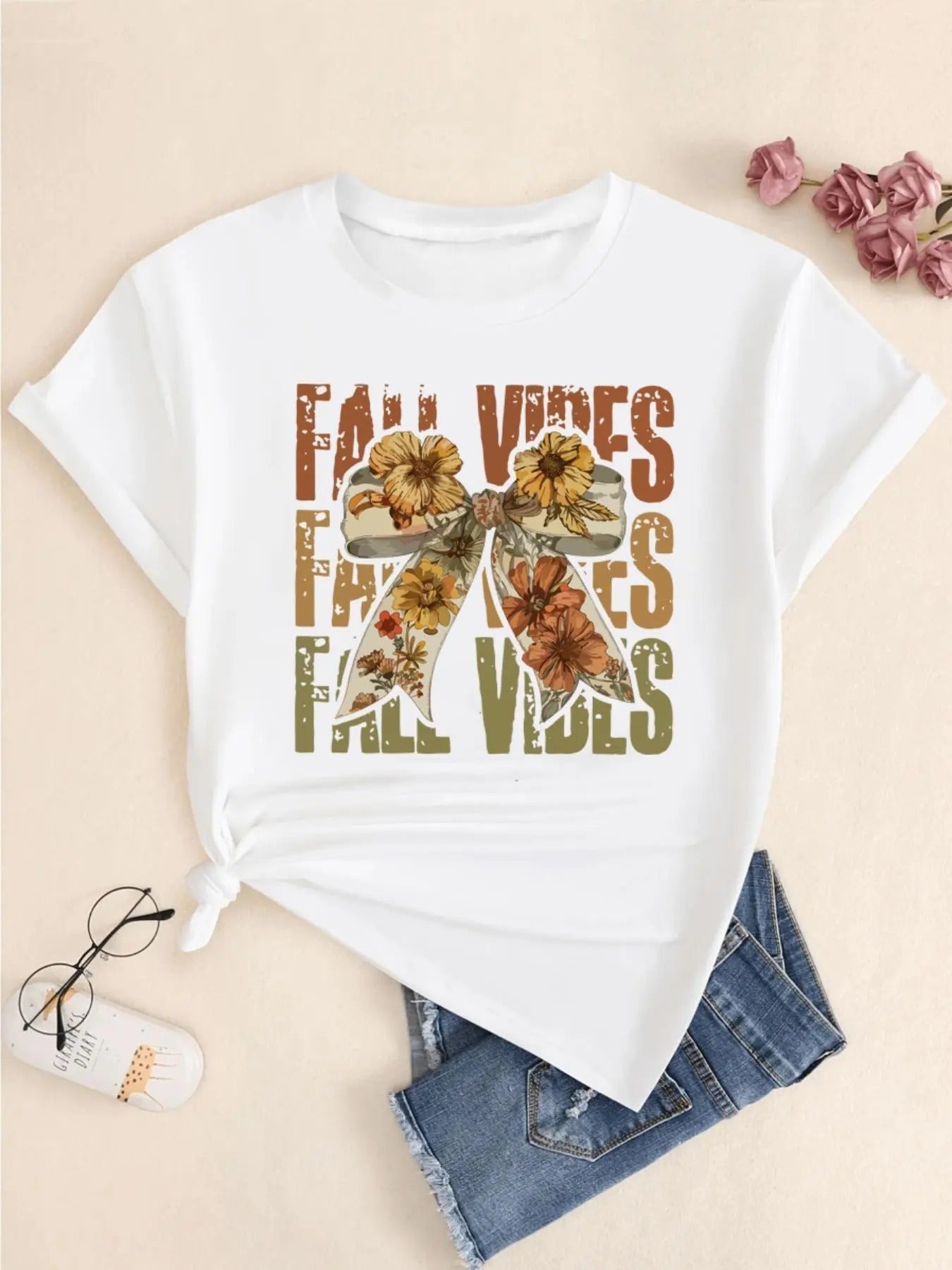 Women's Floral & Letter Print Round Neck Tee, Fashion Casual Crew Neck T-Shirt for Daily Holiday Vacation Outdoor Wear, Ladies Clothes for Summer