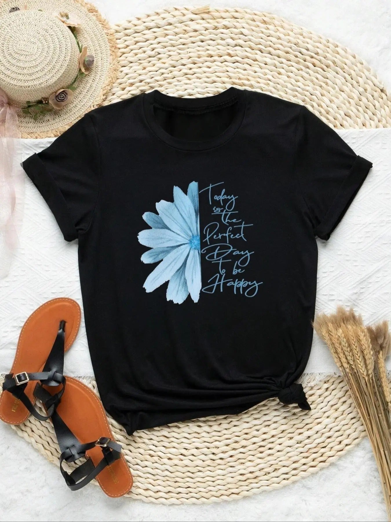 Women's Floral & Letter Print Round Neck Tee, Fashion Casual Short Sleeve T-shirt, Ladies Summer Clothes for Daily Wear