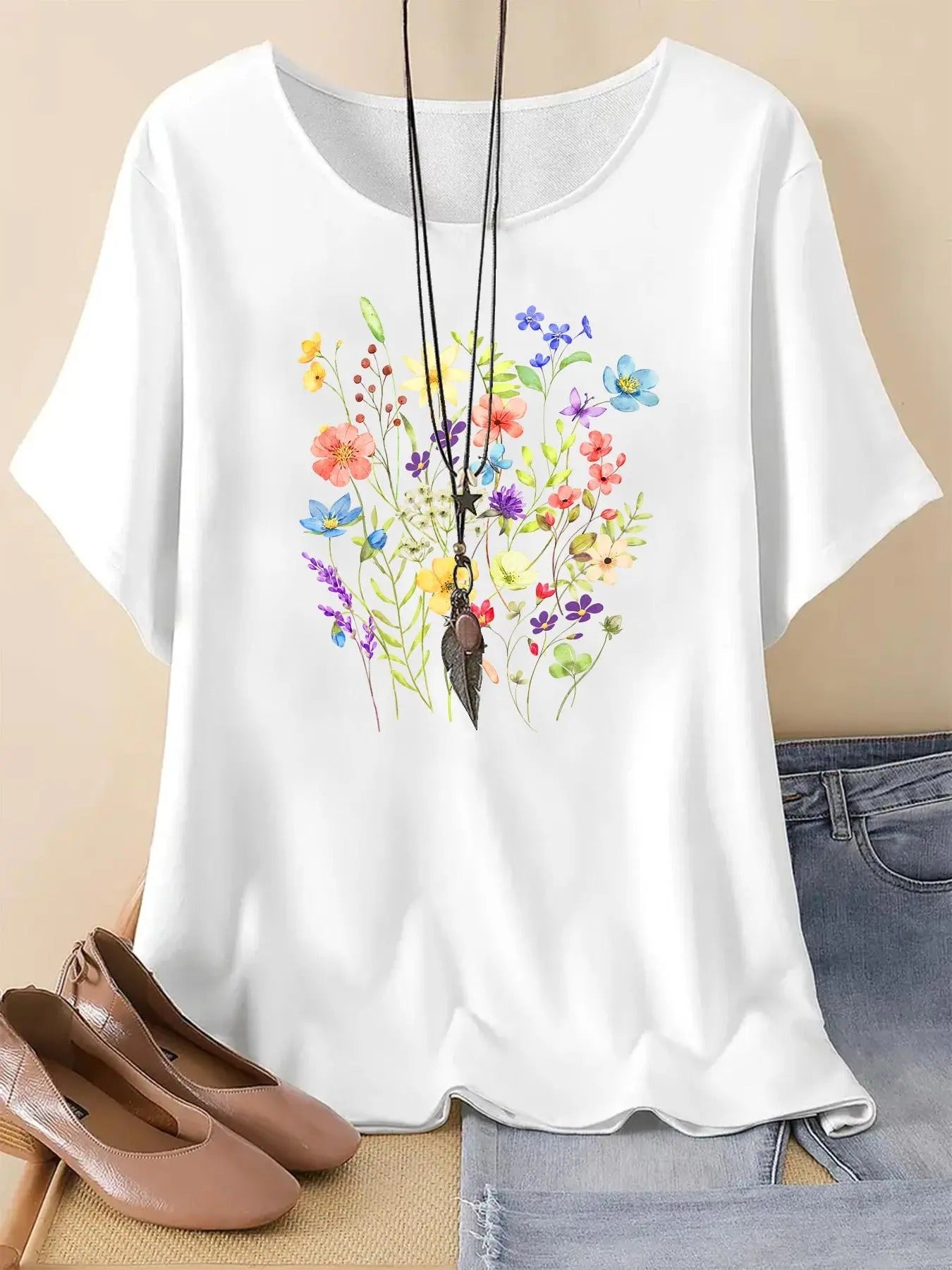 Women's Floral Print Round Neck Graphic Tee, Vintage Trendy Casual Short Sleeve T-shirt For Daily Wear, Ladies Summer Outfitstyle{n002}3