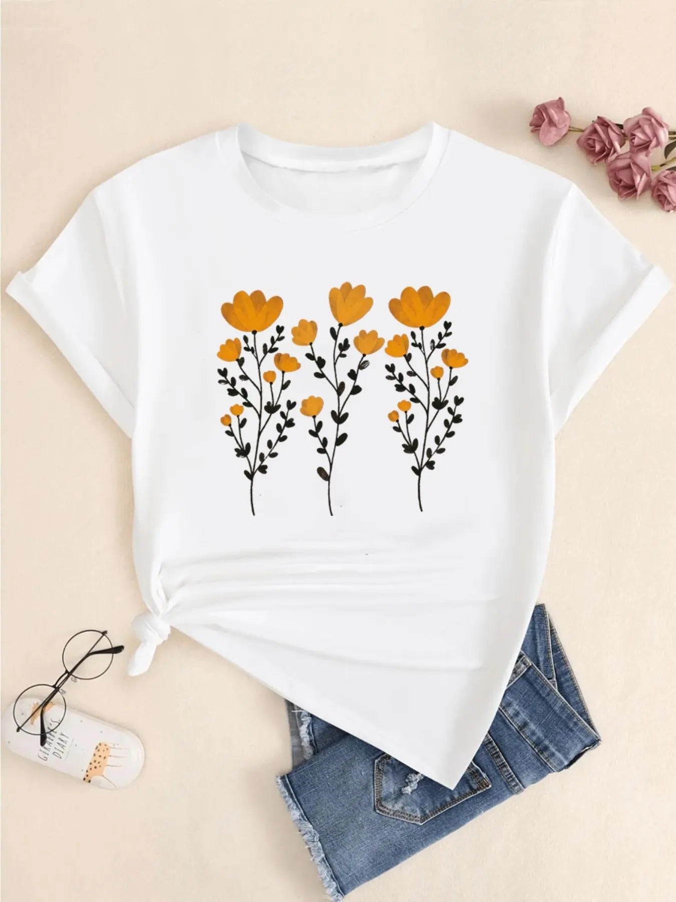 Women's Floral Print Round Neck Tee, Casual Short Sleeve Crew Neck T-Shirt for Summer, Ladies Clothes for Daily Wear