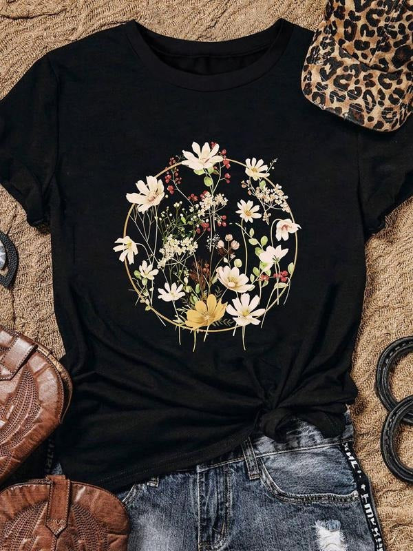Women's Floral Print Round Neck Tee, Casual Short Sleeve T-Shirt for Summer, Ladies Clothes for Daily Wear