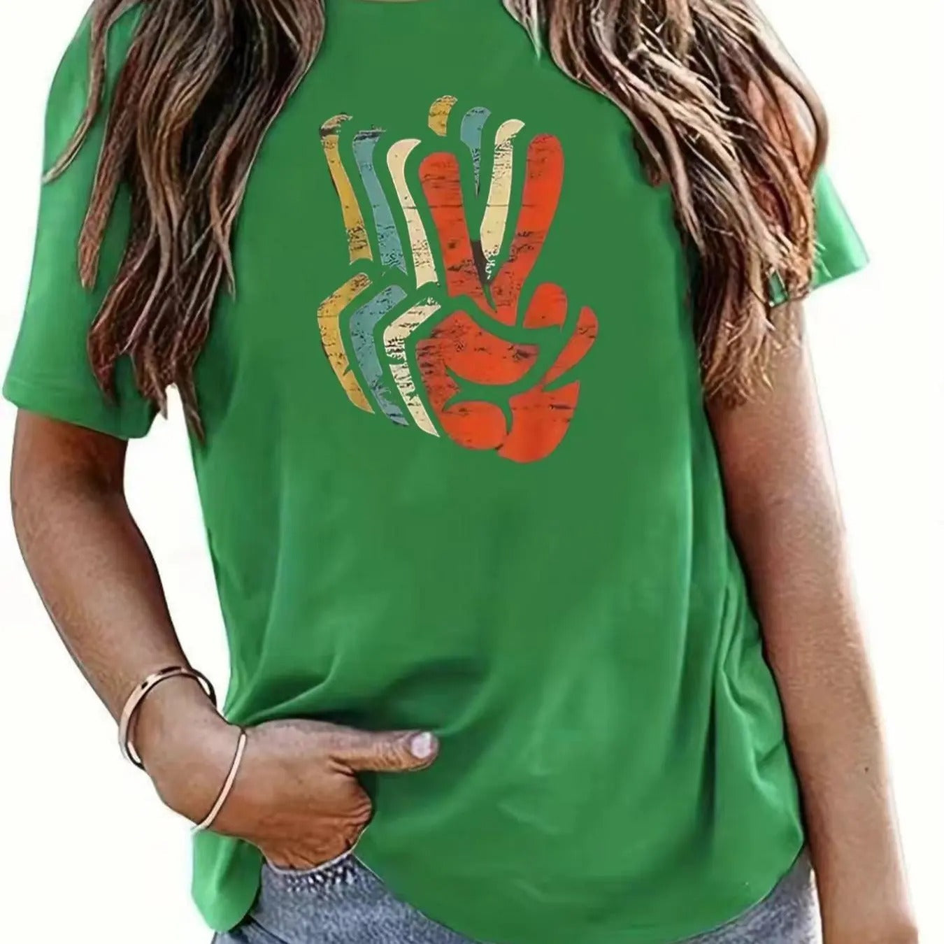 Women's Hand Printed Round Neck Tee, Casual Short Sleeve Crew Neck T-Shirt for Summer, Fashion Women's Top for Daily Wear