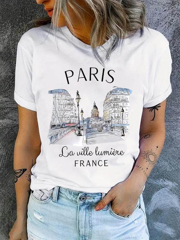 Women's Landscape Print Round Neck Tee, Trendy Casual Letter Print Short Sleeve T-shirt for Daily Wear, Ladies Summer Outfit