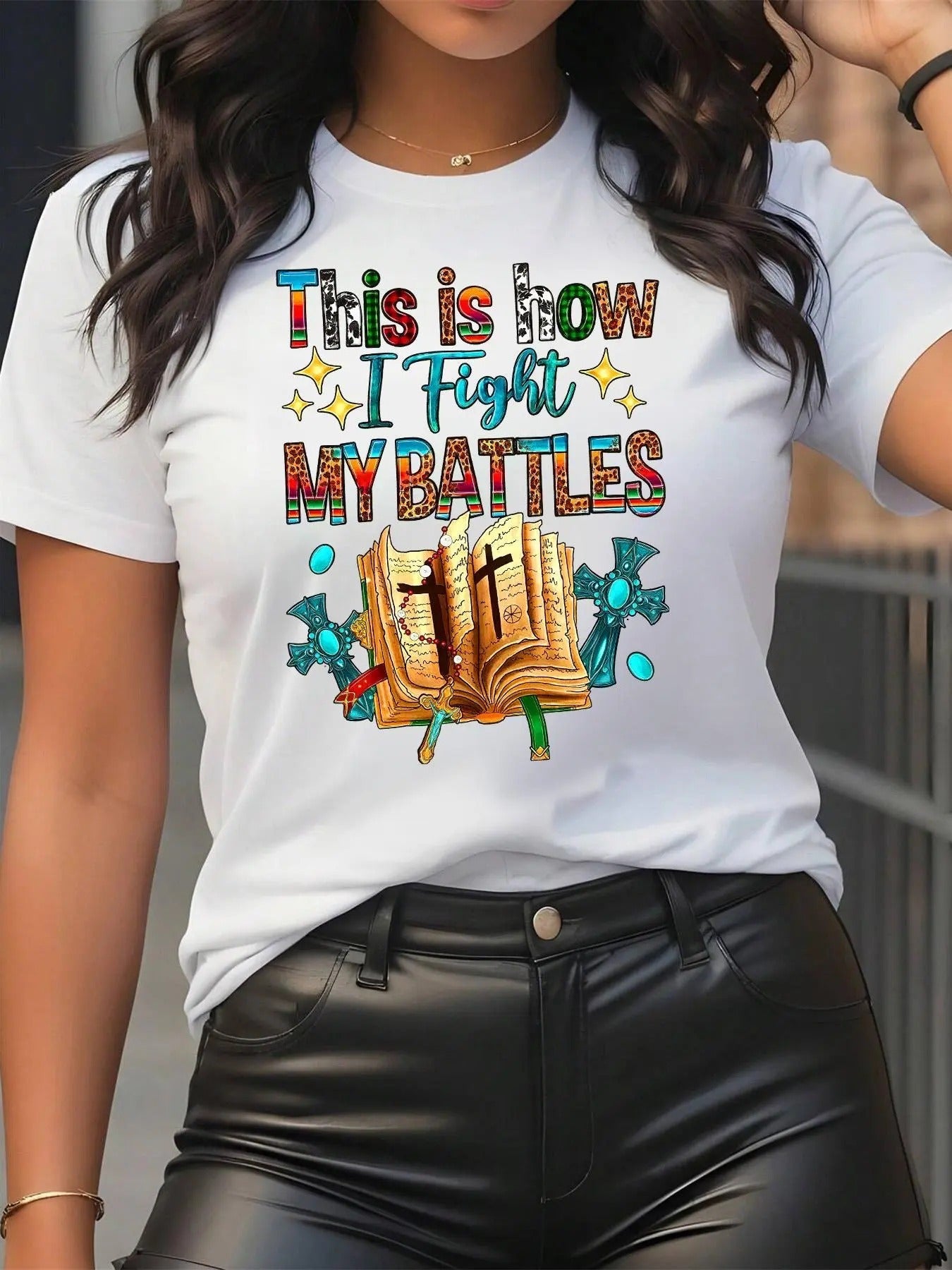 Women's Letter & Bible Print Round Neck Tee, Fashion Casual Crew Neck Short Sleeve T-Shirt for Daily Holiday Vacation Outdoor Wear, Ladies Clothes for Summer