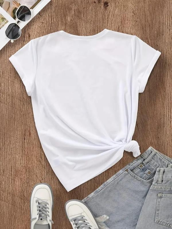 Women's Letter & Bull Head Print Round Neck Tee, Casual Short Sleeve Crew Neck T-shirt for Daily Wear, Ladies Clothes for All Seasons