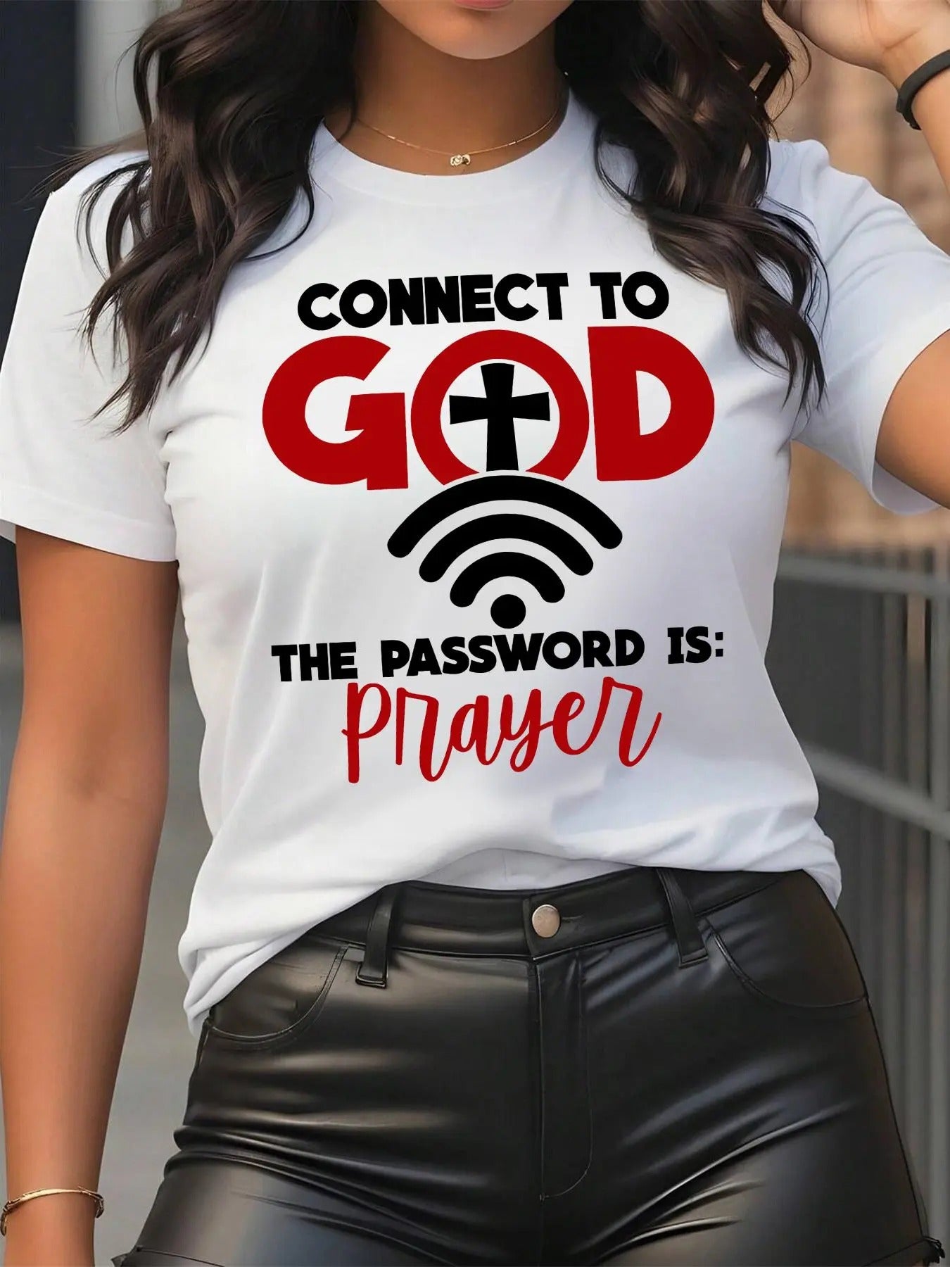 Women's Letter & Cross Print Round Neck Tee, Casual Short Sleeve Crew Neck T-shirt for Summer, Fashion Women's Top for Daily Wear, T Shirts for Women, Tshirt