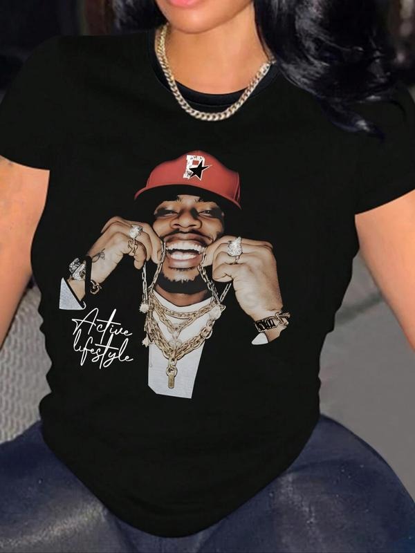 Women's Letter & Figure Print Round Neck Tee, Fashion Casual Crew Neck Short Sleeve T-shirt for Daily Holiday Vacation Outdoor Wear, Ladies Clothes for Summer