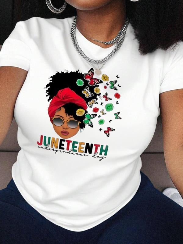 Women's Letter & Figure Print Round Neck Tee, Fashion Casual Short Sleeve Crew Neck T-Shirt for Daily Holiday Vacation Outdoor Wear, Ladies Summer Clothes