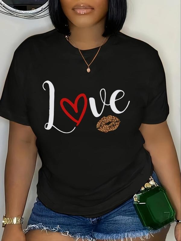 Women's Letter & Lip Print Round Neck Tee, Casual Short Sleeve Crew Neck T-shirt for Daily Wear, Ladies Clothes for All Seasons