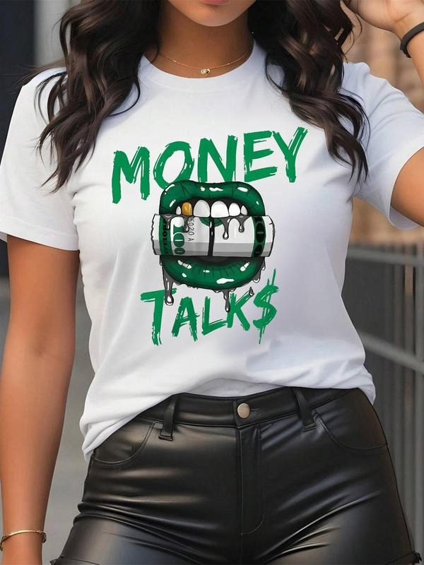 Women's Letter & Lip Print Round Neck Tee, Fashion Casual Crew Neck Short Sleeve T-Shirt for Daily Holiday Vacation Outdoor Wear, Ladies Clothes for Summer