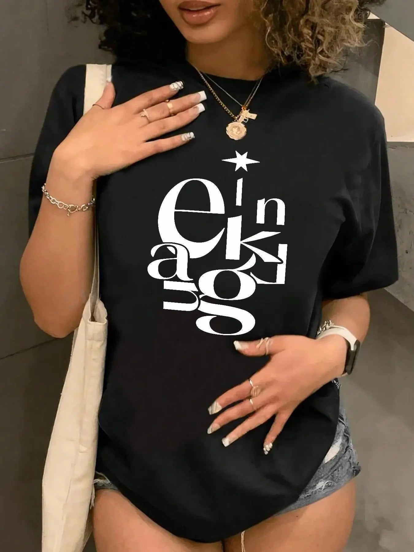 Women's Letter & Star Print Round Neck Tee, Casual Short Sleeve Crew Neck T-Shirt for Daily Wear, Ladies Clothes for All Seasons