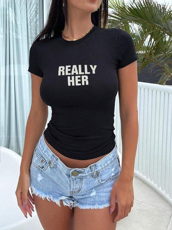 Women's Letter Print Round Neck Crop Tee, Graphic Tees, Casual Short Sleeve T-shirt for Summer, Women's Top for Daily Wear