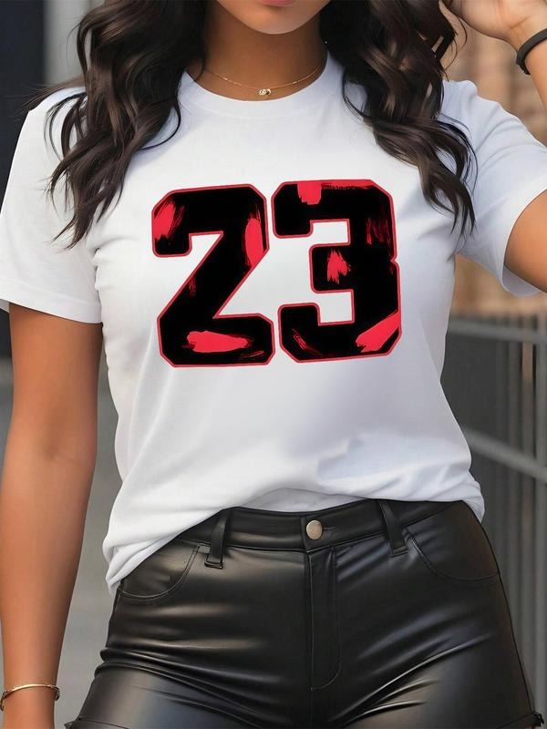 Women's Number 23 Print Round Neck Tee, Fashion Casual Short Sleeve T-shirt for Daily Wear, Ladies Summer Clothes