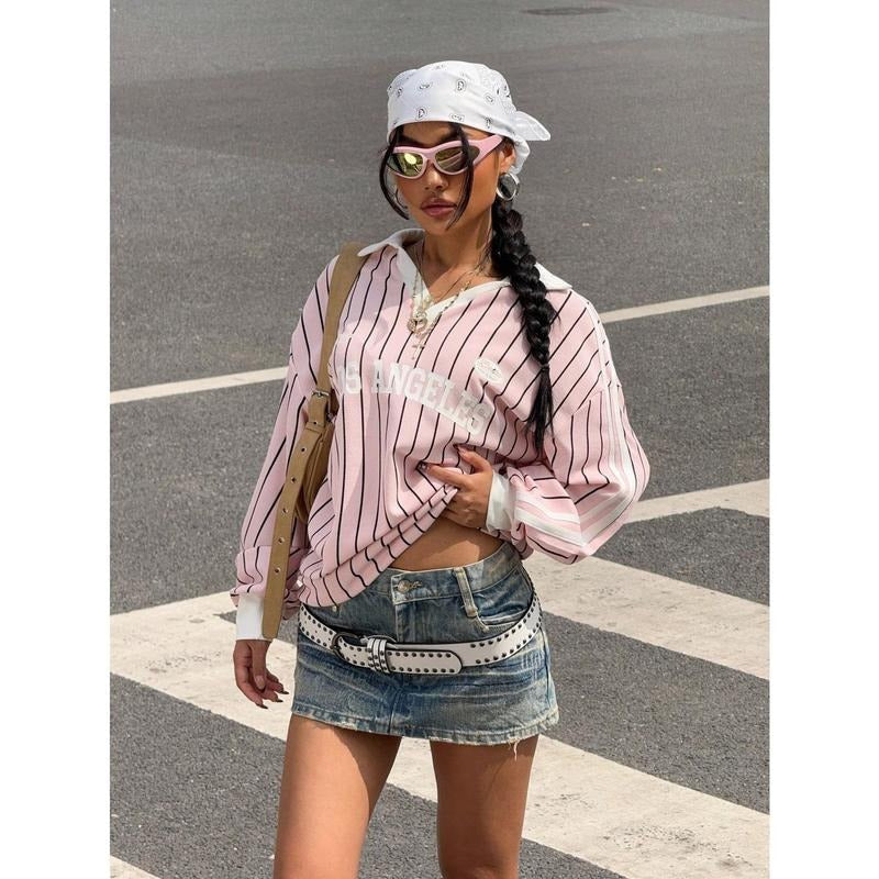 Women's Oversized Tees Striped Letter Print Y2k Jersey T Shirt Collar V Neck Long Sleeve Loose Tops