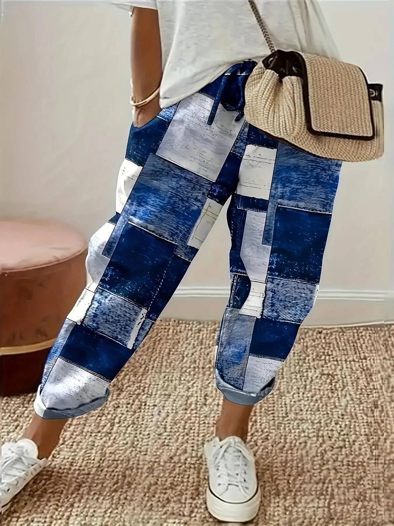 Women's Patchwork Print Drawstring Waist Straight Leg Pants, Casual Comfy High Waist Trousers for Spring & Fall, Ladies Bottoms for Daily Wear