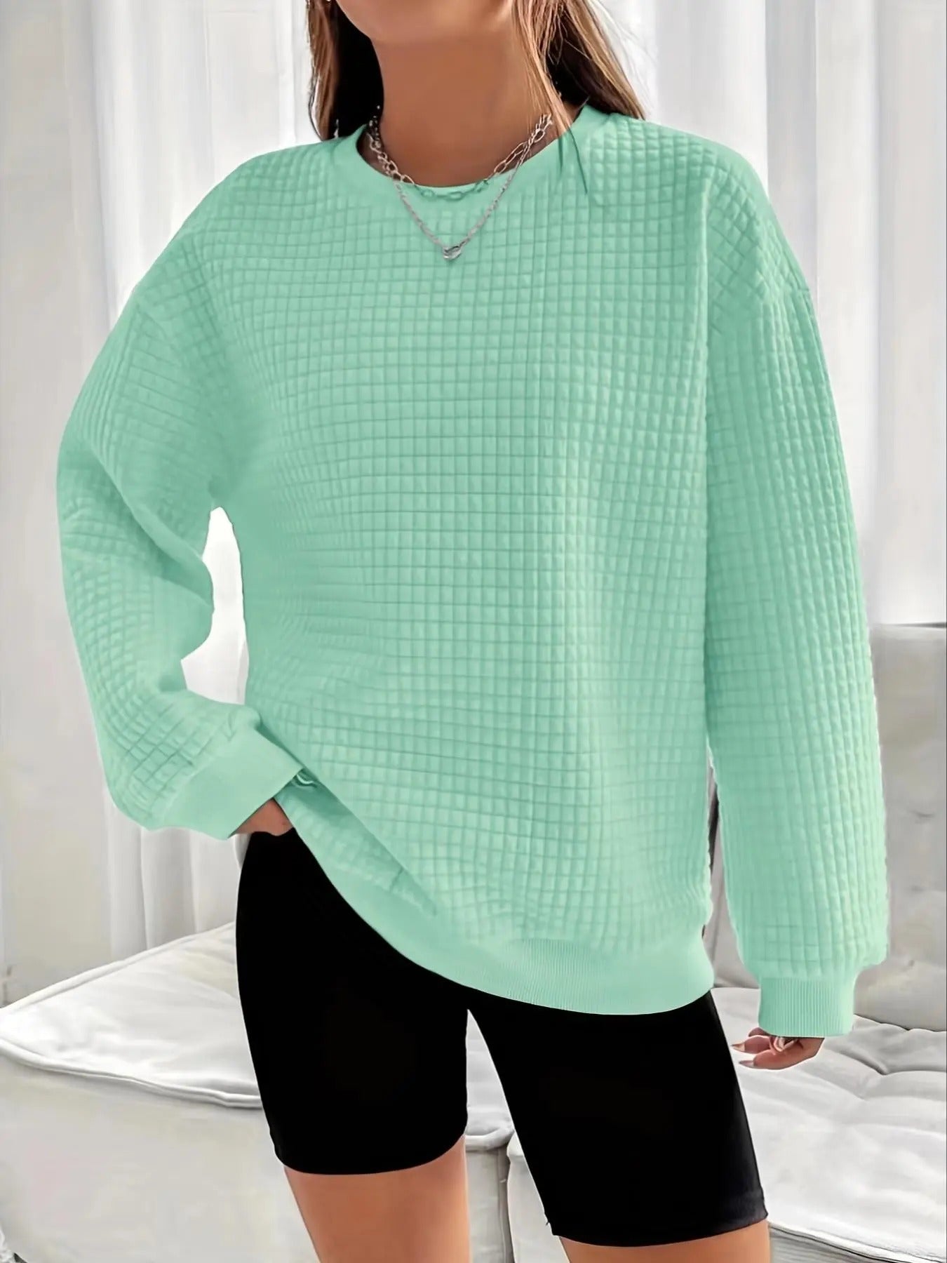 Women's Plain  Drop Shoulder Waffle Knit Sweatshirt, Casual Long Sleeve Round Neck Pullover for Spring & Fall, Ladies Clothes for Daily Wear