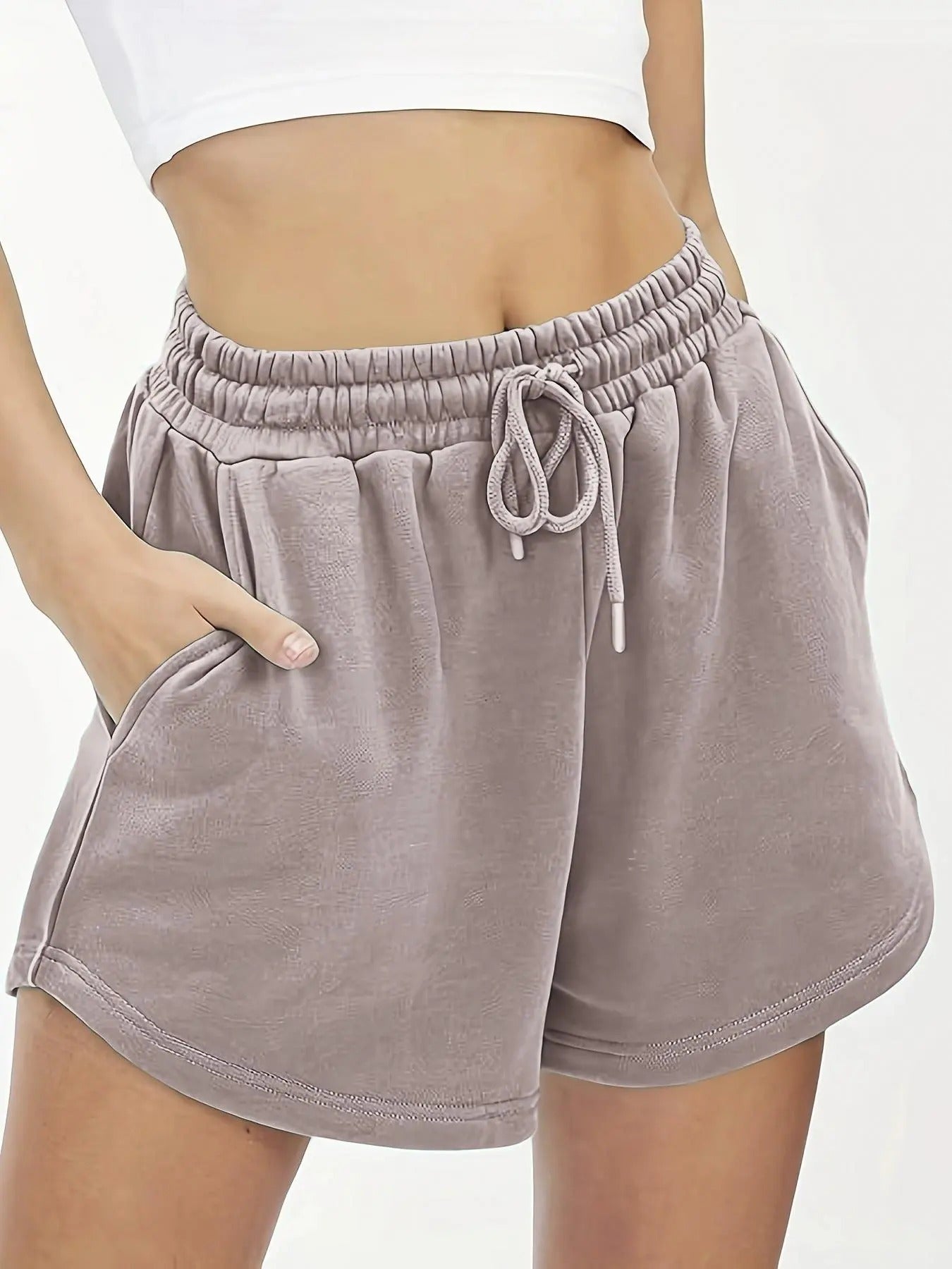 Women's Plain Drawstring Waist Wide Leg Shorts, Casual Pocket High Waist Track Shorts for Summer, Ladies Bottoms for Daily Wear