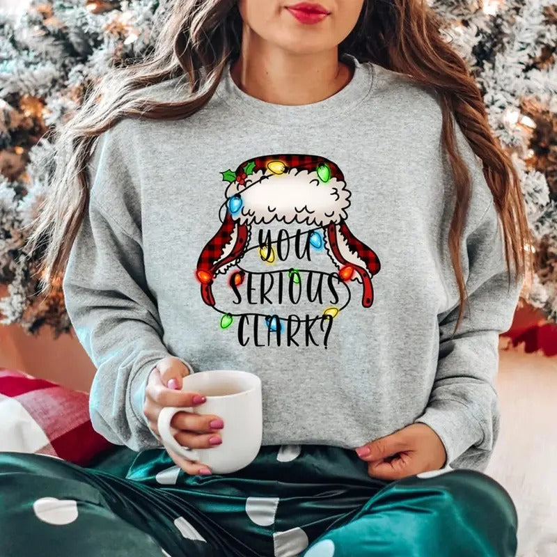 "You Serious Clark"? Christmas Sweatshirt - Hoodie with Christmas Lights and Plaid Hat Design, Cozy Apparel for Movie Fans and Holiday Cheer