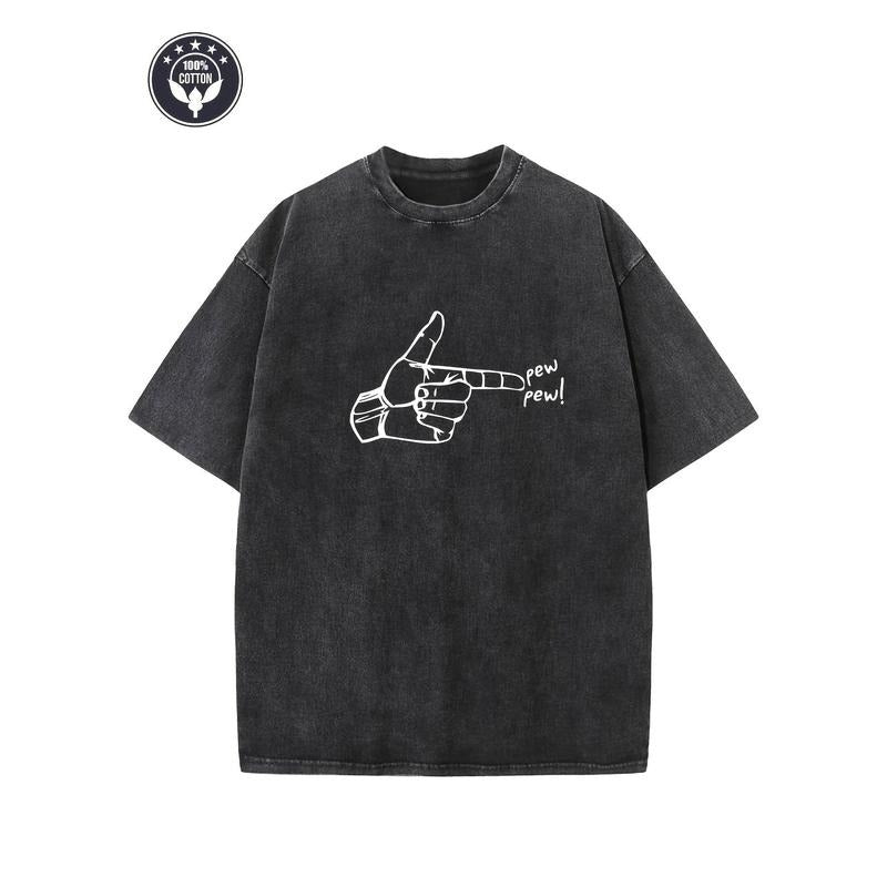 "pew Pew!" Creative Pattern Printing Heavy 230g Pure Cotton Oversized Drop Shoulder T-shirt Washed T-shirt Men'WB shield Retro Street T-shirt Basic T-shirt Loose Hip-hop Unisex Top Acid Wash T-shirt